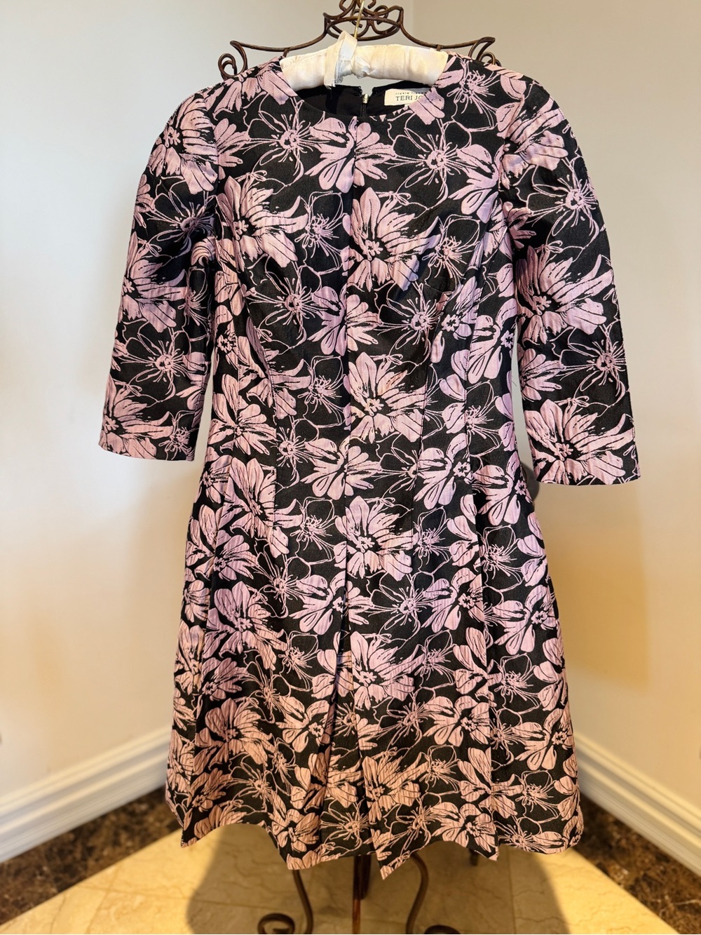 Teri Jon Pink & Black Floral Jacquard A-Line Dress
